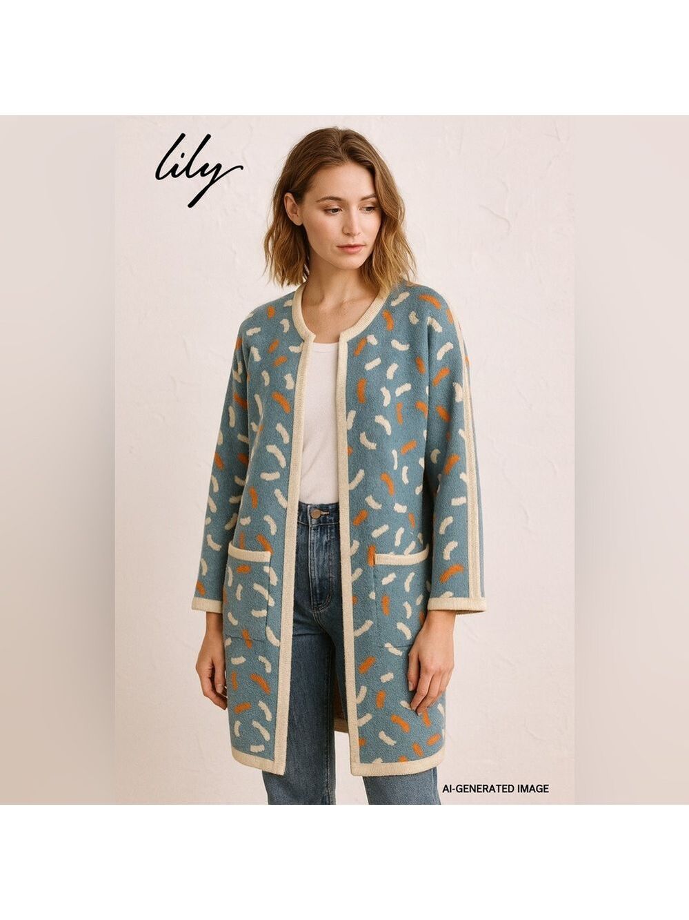 Lily Blue Orange Pattern Knit Cardigan Coatigan XS/S Wool Rabbit Hair Blend
